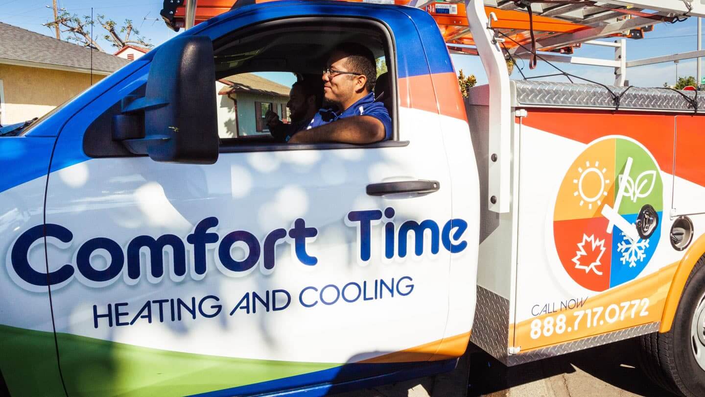 tech-driving-truck Comfort Time tech Kevin fixing and air conditioning system providing maintenance