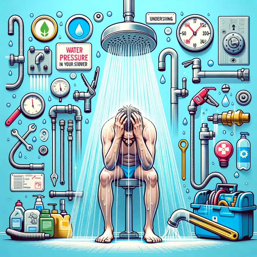 A person experiencing low water pressure while showering surrounded by various plumbing fixtures, gauges, and tools.